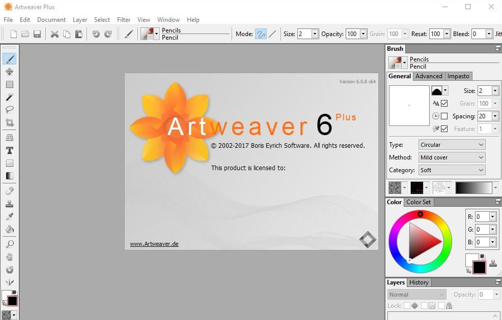 Artweaver 7 Plus interface/brugergrænseflade