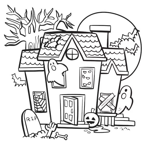 Halloween tegning af hjemsøgt hus