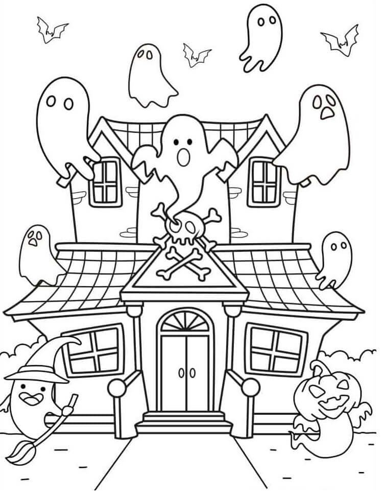 Halloween tegning af hjemsøgt hus med spøgelser